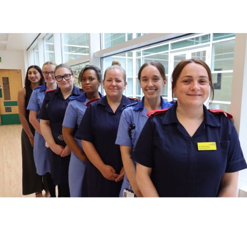 The infection, prevention control team all stand in a line smiling at the camera