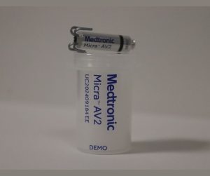 An image of a Medtronic leadless pacemaker.