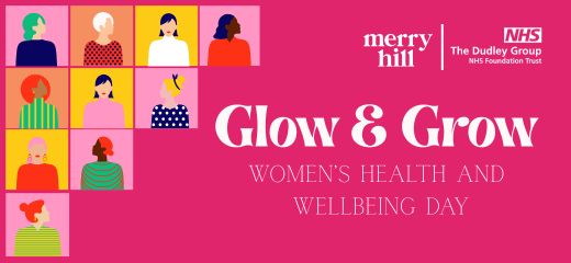 A pink graphic advertising an event with the text Grow and Glow on it. There is a collage on the left with different female silhouettes. The event is part of involvement at Dudley group.